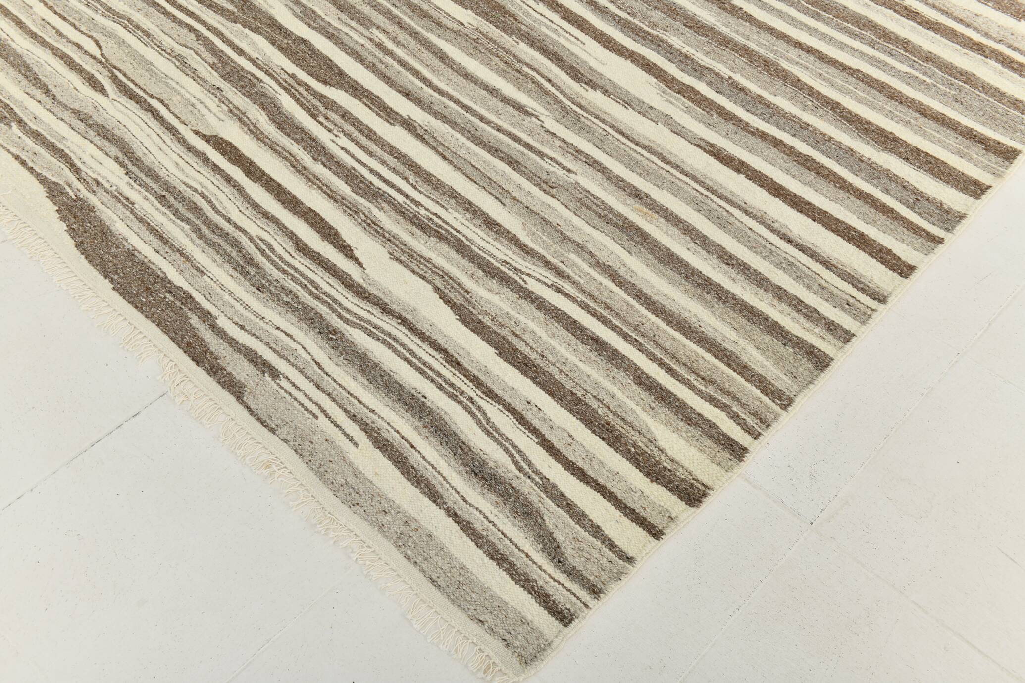 8x11 Brown Beige Minimalist Handmade Wool Kilim Rug, 226x350Cm