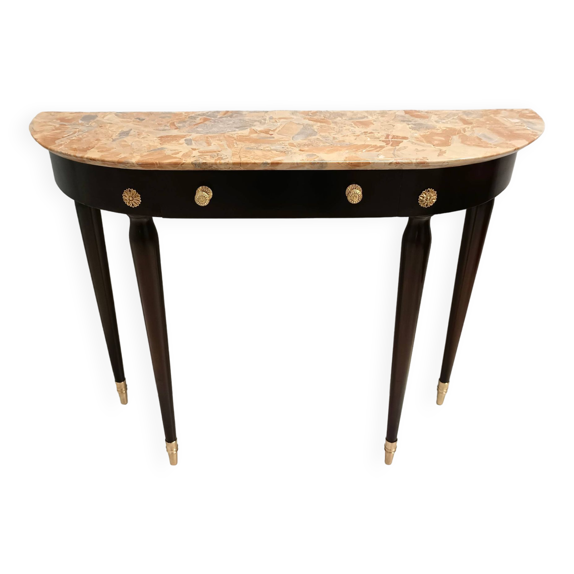Ebonized Beech Console with a Demilune Macchiavecchia Marble Top attr. to Paolo Buffa