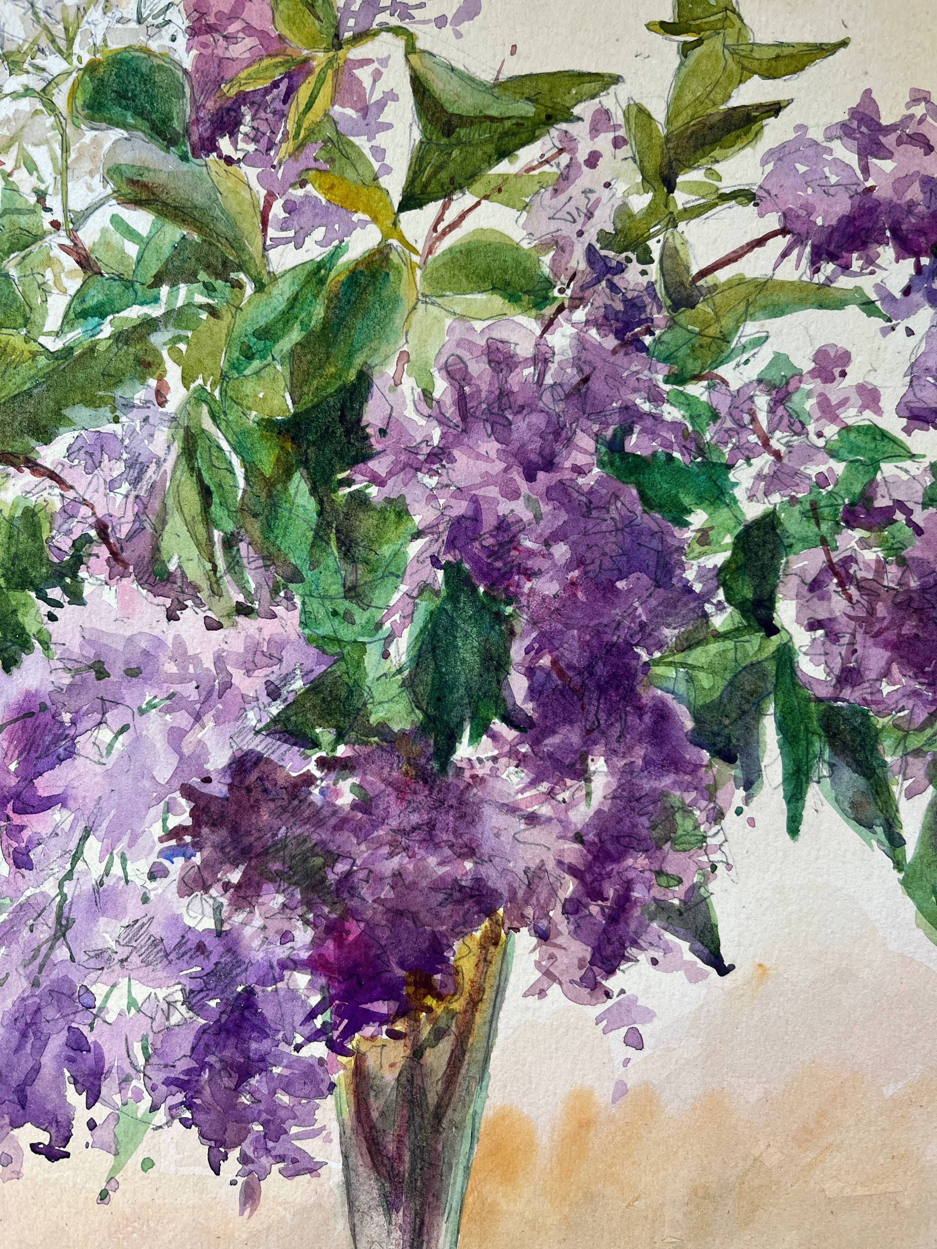 Painting Set of 2 watercolors Jetty/bouquet of Lilac flowers early 20th century