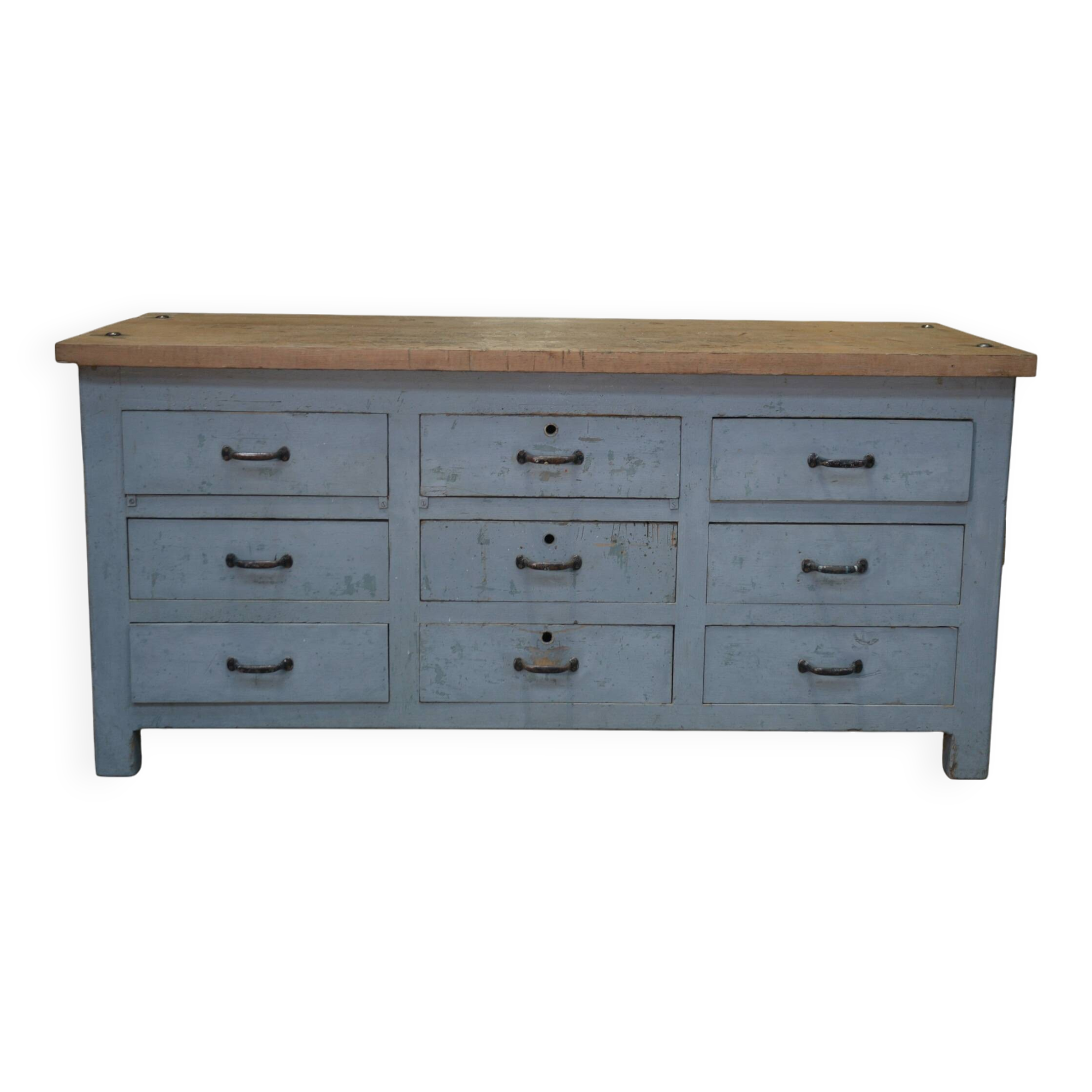 Original 1950s gray patinated 9-drawer craft cabinet