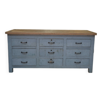 Meuble de métier à 9 tiroirs patiné gris d'origine 1950