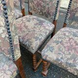 6 chaises à manger Louis XIII bois massif torsadés et tissu écru du 19ème