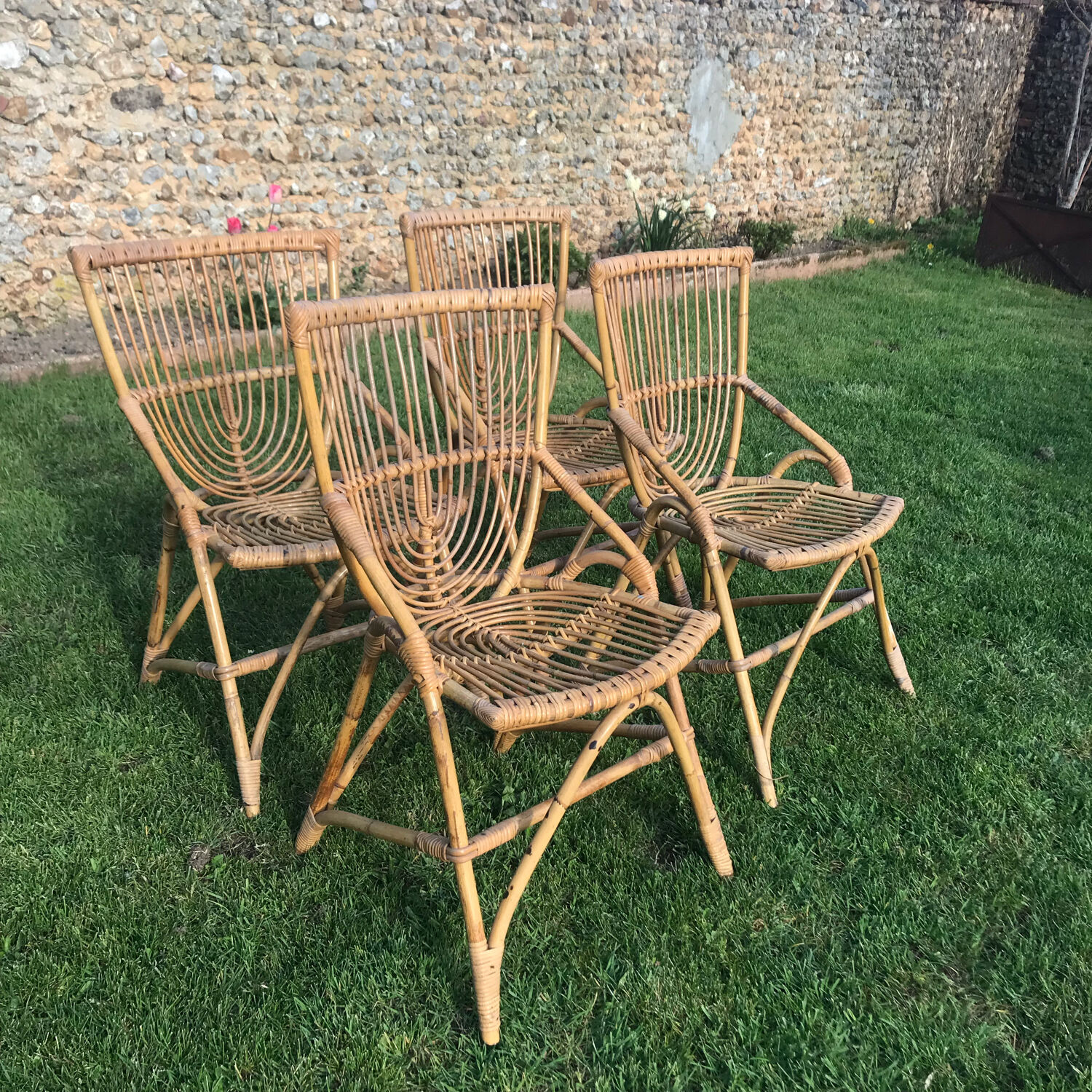 4 vintage rattan chairs 1950