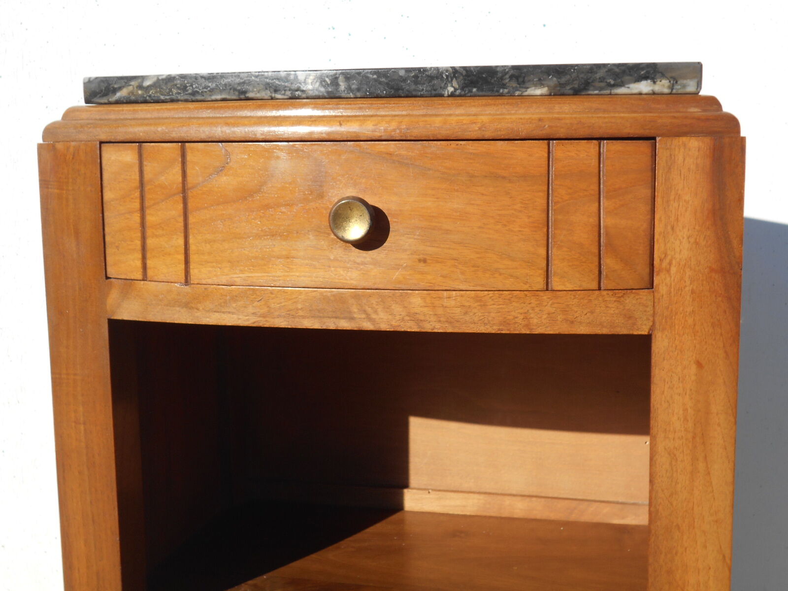 Solid walnut bedside table with marble plan, 50's