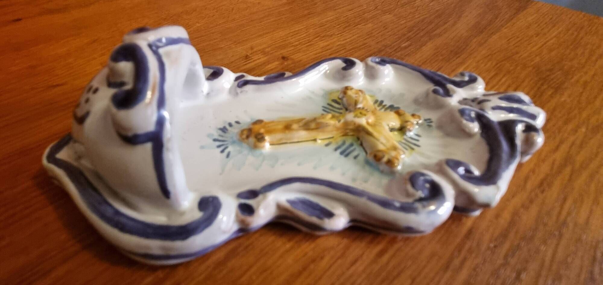 Antique enamelled faience holy water font with crucifix by Famulari Santo Stefeno.