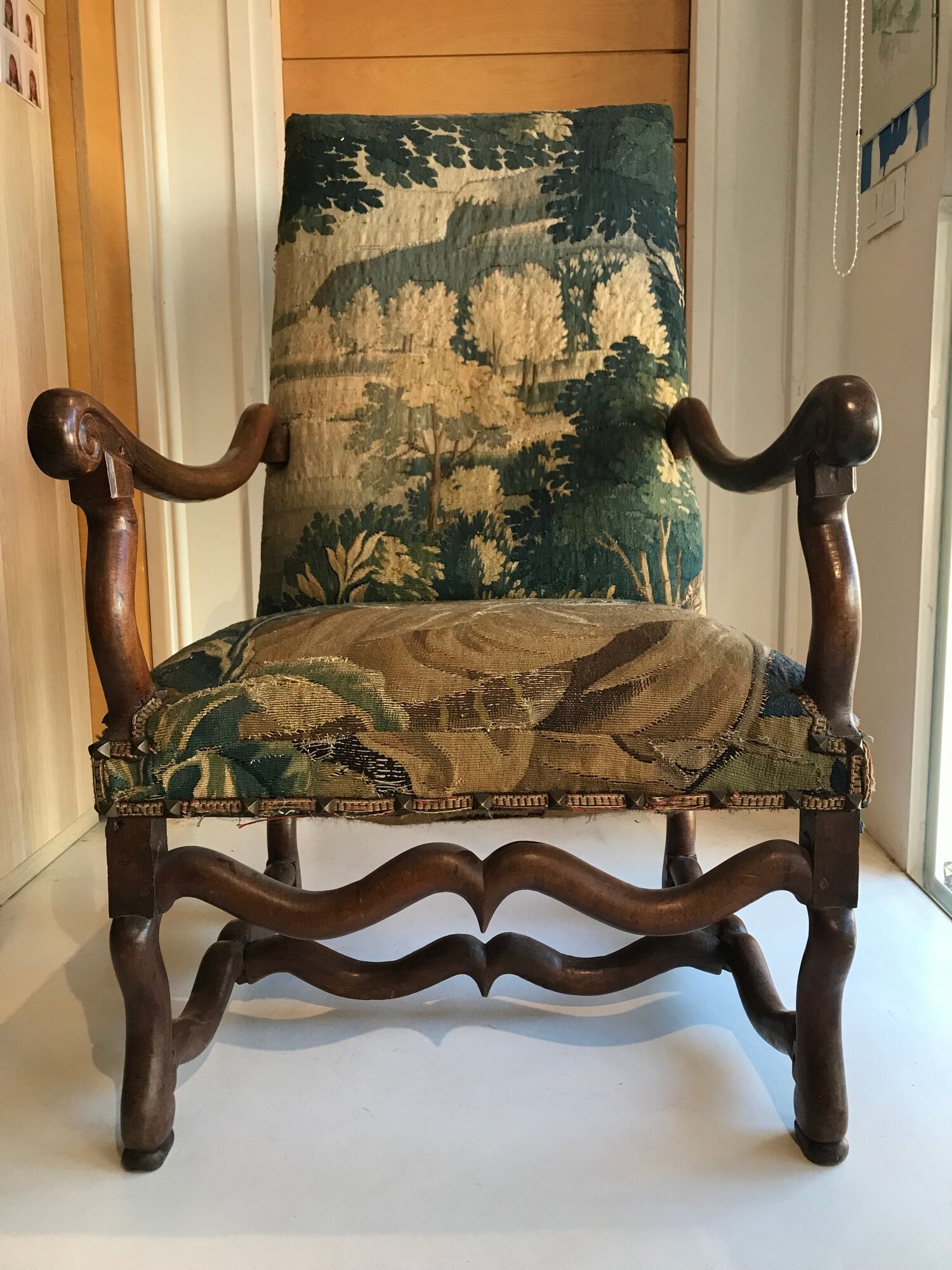 Louis XIII armchair called sheep's bones with aubusson tapestry
