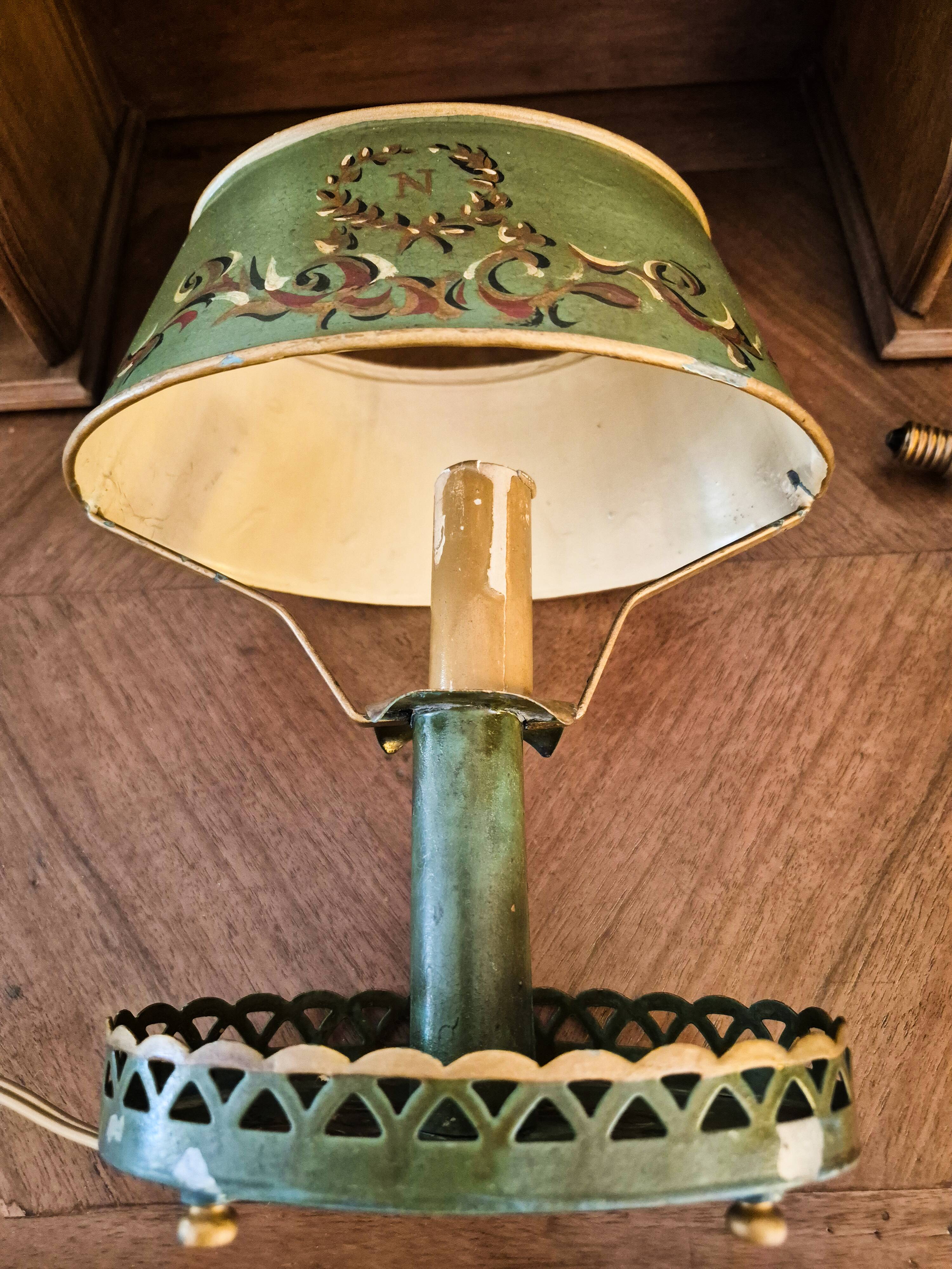 Metal bouillotte lamp, Empire style, green metal shade.