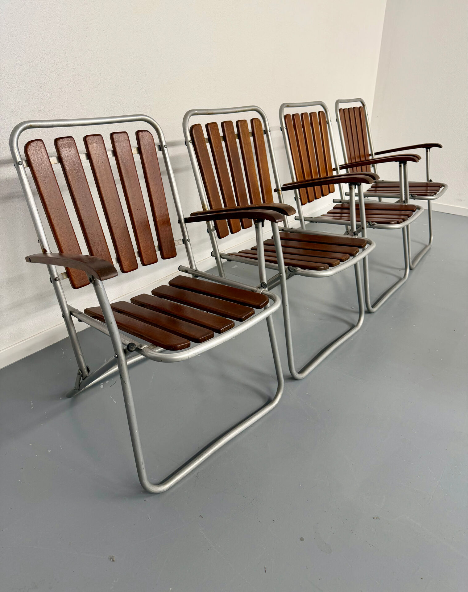 Vintage folding garden set table 4 chairs wood and metal 1960