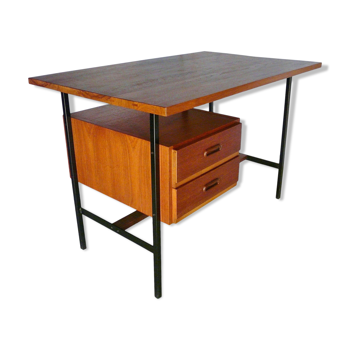 Modernist vintage desk in wood and black lace-up steel