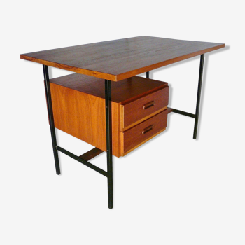 Modernist vintage desk in wood and black lace-up steel