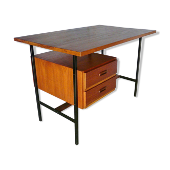 Modernist vintage desk in wood and black lace-up steel