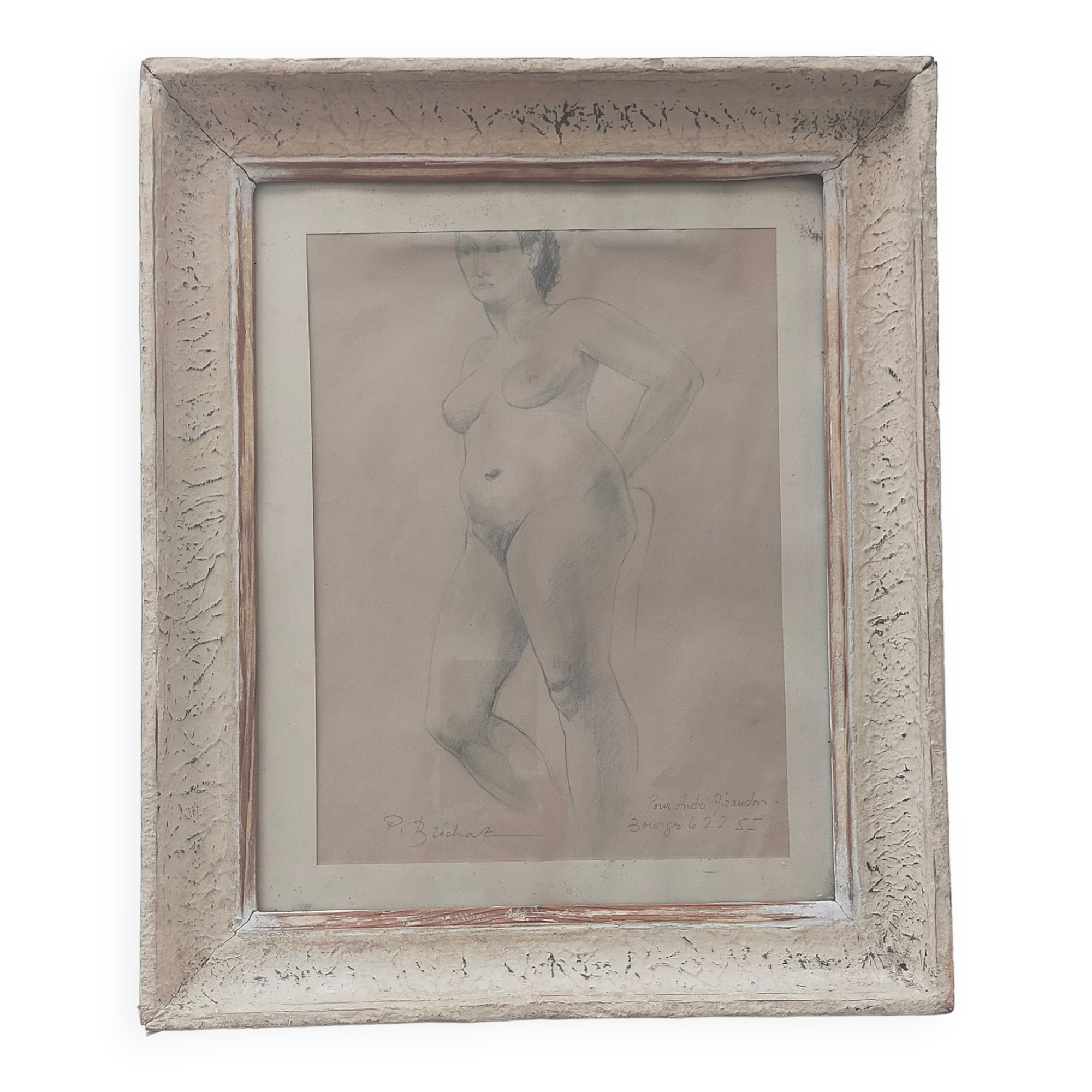 Drawing Female Nude signed P. Bréchat 1955