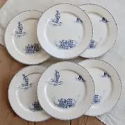 6 antique flat plates Creil and Montereau Téniers service