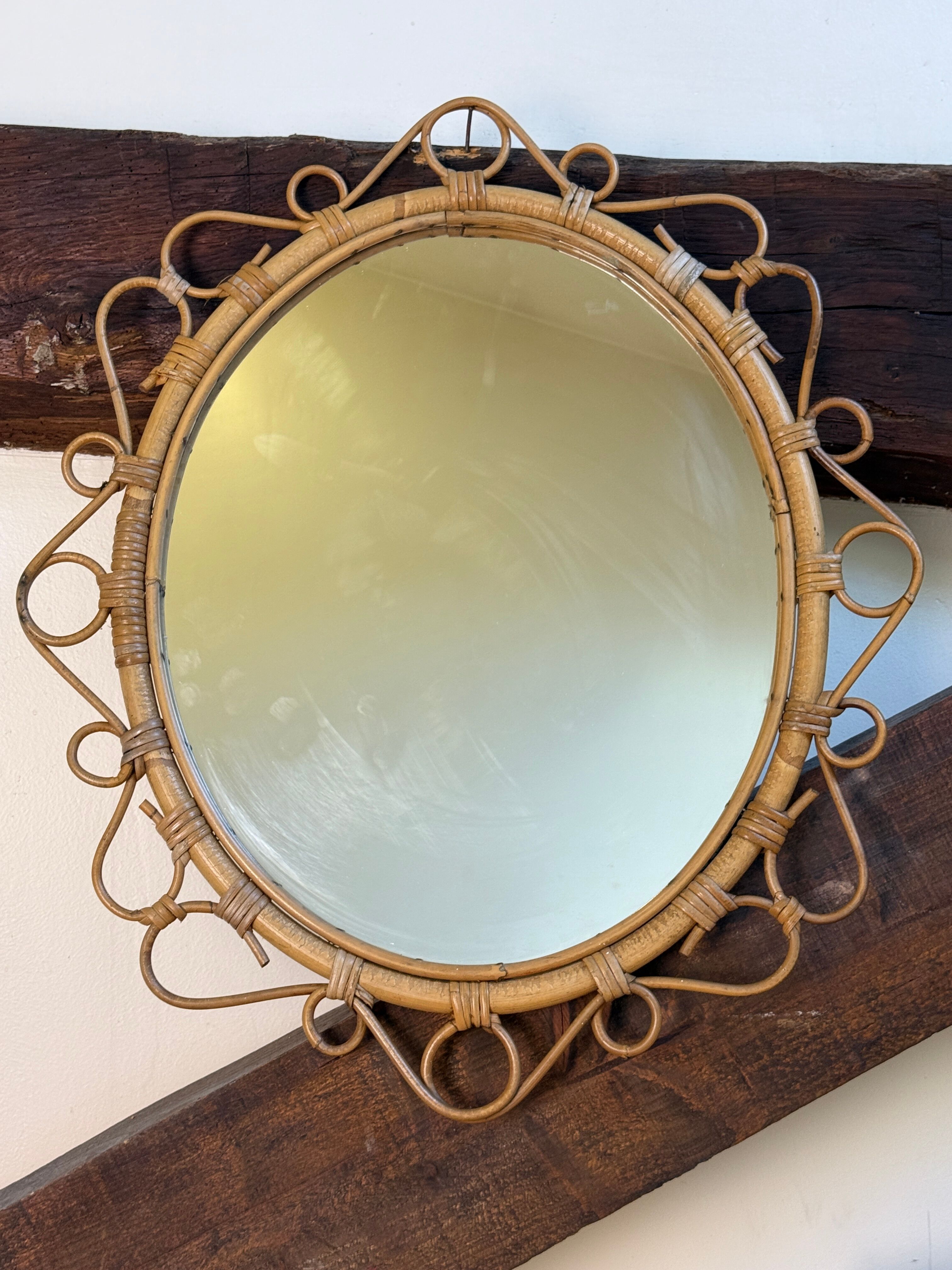 Oval rattan mirror from the 1950s France