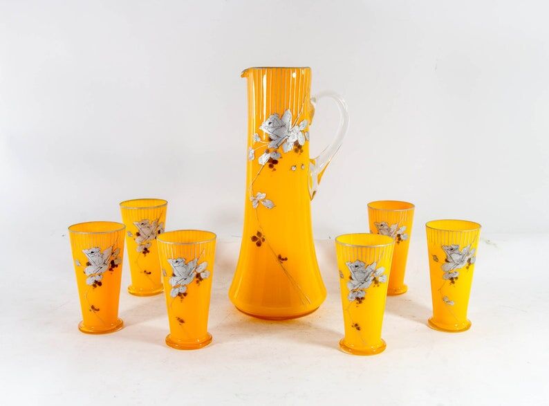 Art Nouveau lemonade service pitcher and 6 hand-painted glasses in bohemian glass early 20th century