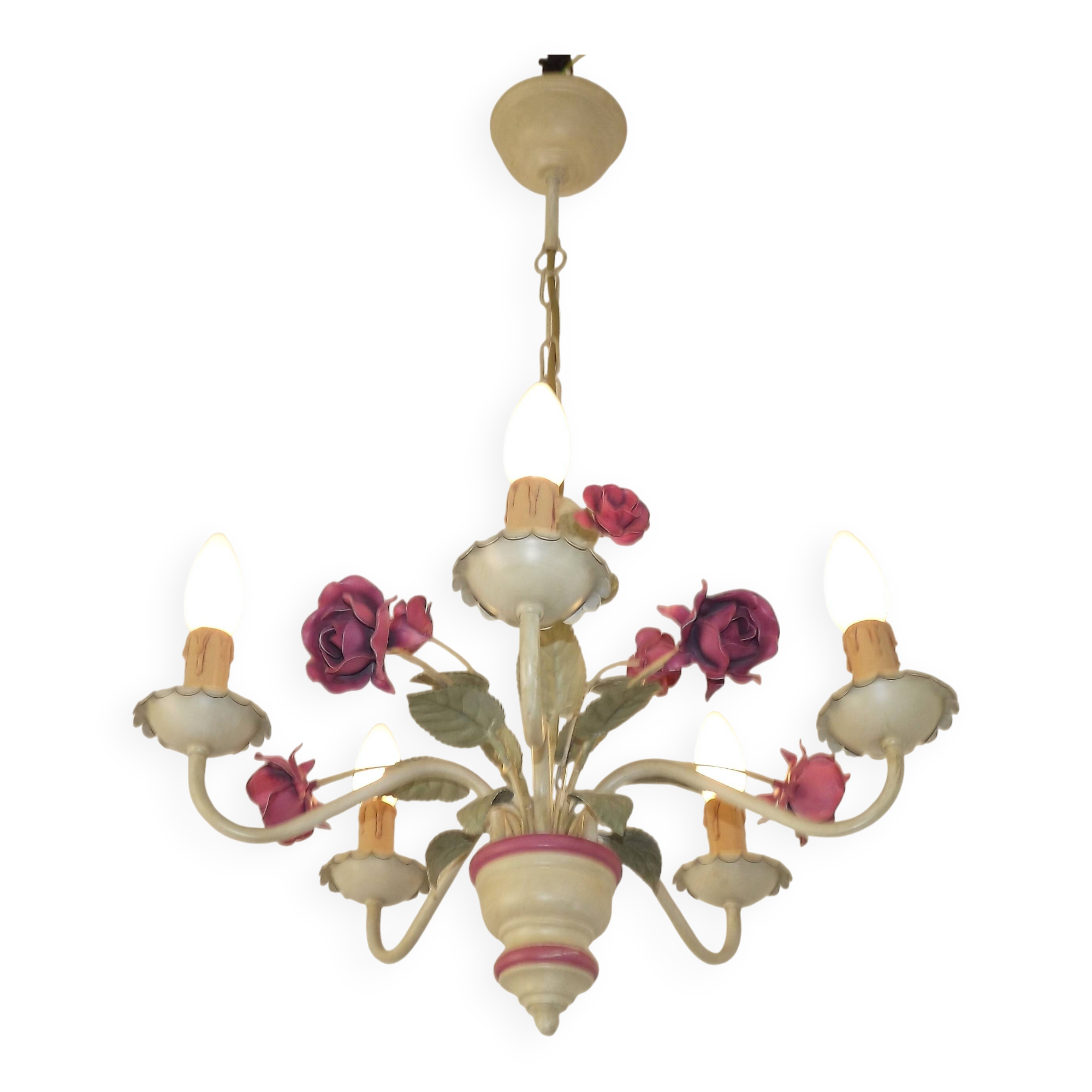 French vintage metal deep pink rose and green leaf 5-light chandelier