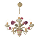French vintage metal deep pink rose and green leaf 5-light chandelier