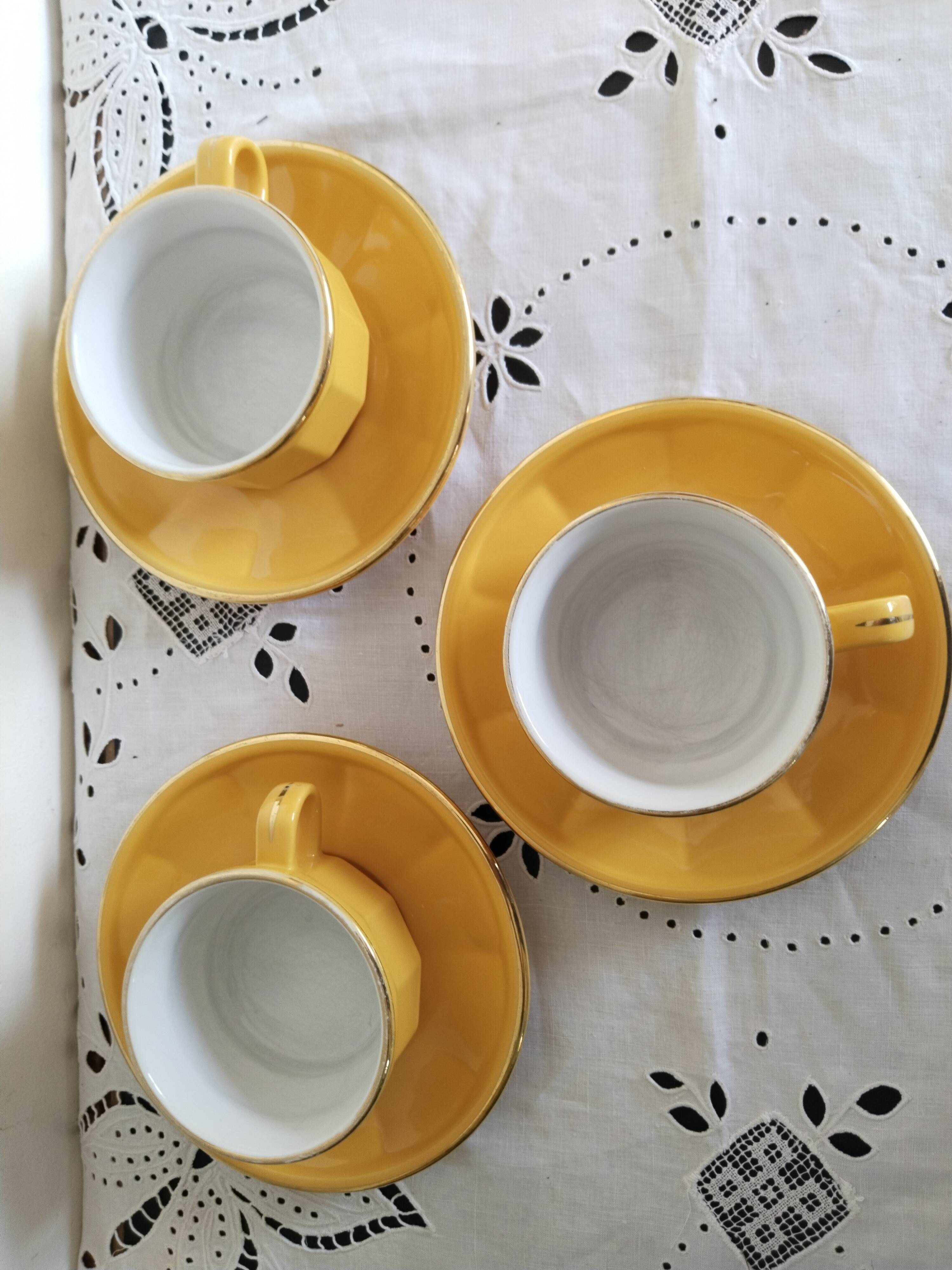 Apilco yellow chocolate cups and saucers, porcelain, Revol