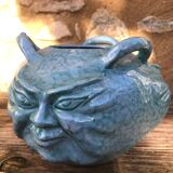 Ceramic vase, three faces, blue marble effects, signed