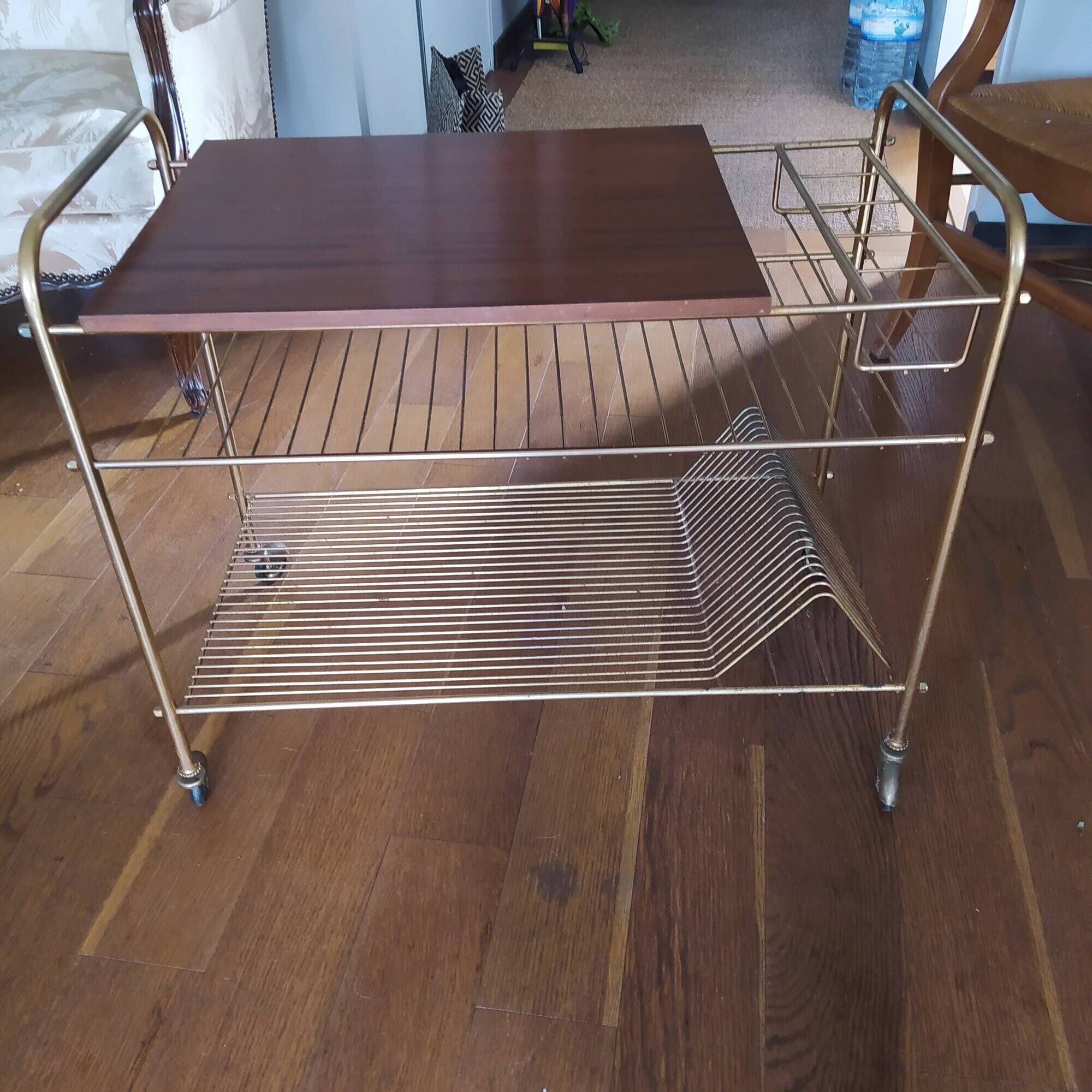 wooden and brass vinyl door trolley from the 1960s/1970s