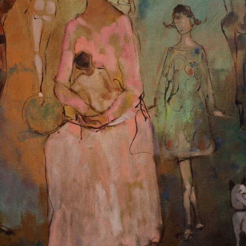 Italian painting, Family of Acrobats, dated 1981