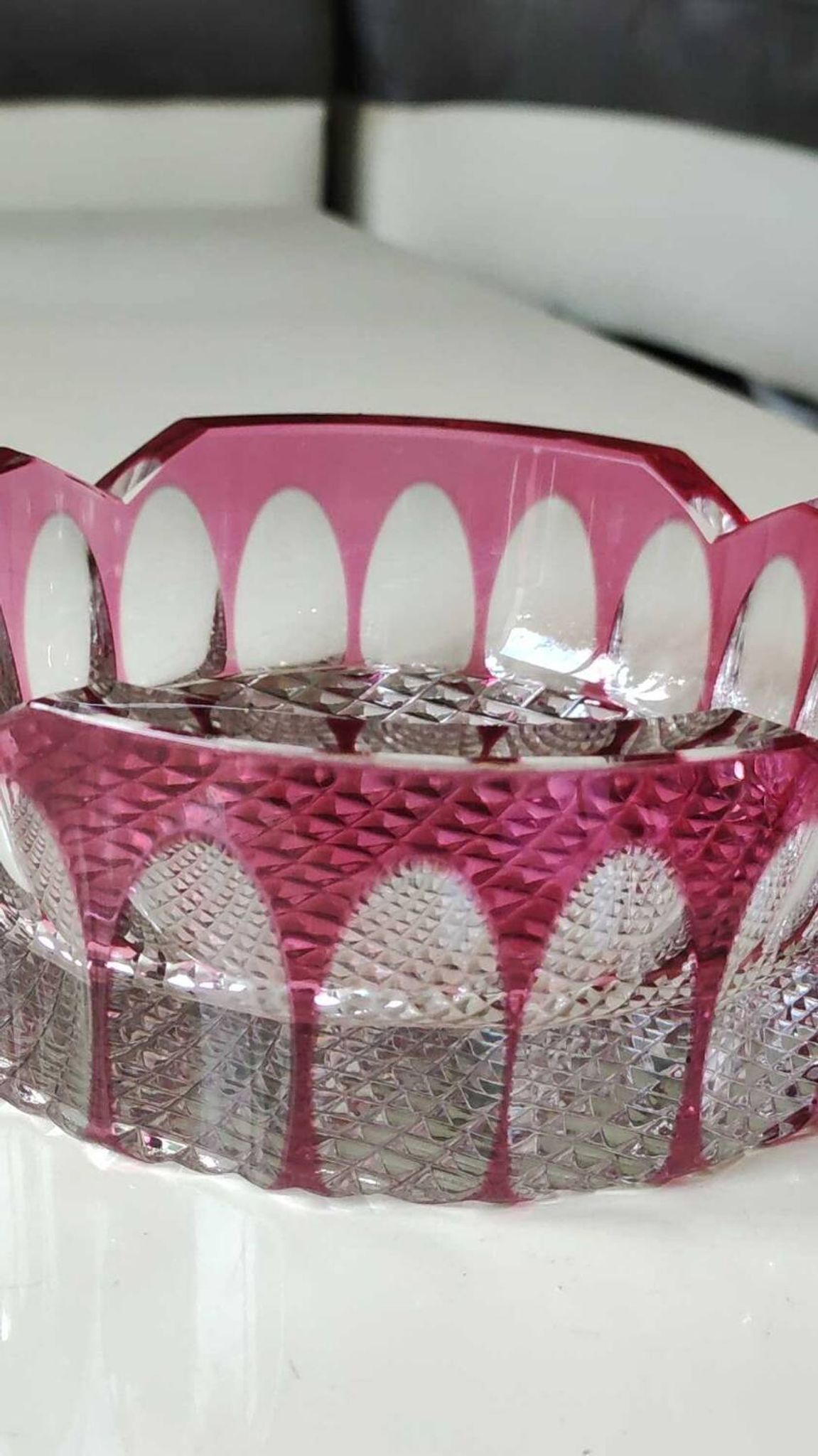 Large Val St-Lambert Ashtray/Vacuum Bin. Cranberry. Oval/Cross-hatched Patterns. Diam 15.5 cm