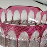 Large Val St-Lambert Ashtray/Vacuum Bin. Cranberry. Oval/Cross-hatched Patterns. Diam 15.5 cm