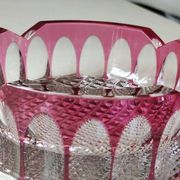 Large Val St-Lambert Ashtray/Vacuum Bin. Cranberry. Oval/Cross-hatched Patterns. Diam 15.5 cm