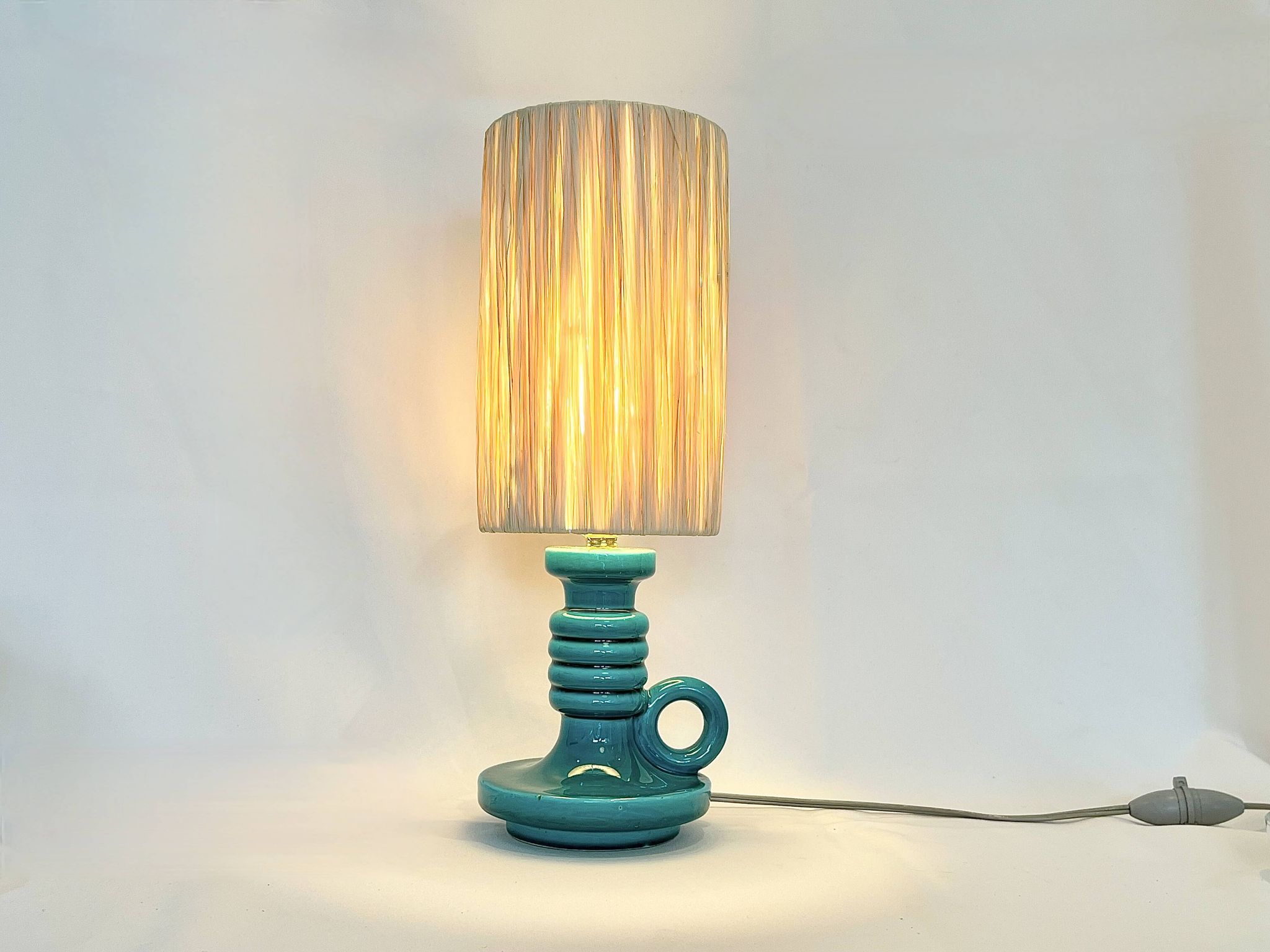 Art Deco green ceramic candle holder lamp base with raffia shade