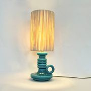 Art Deco green ceramic candle holder lamp base with raffia shade