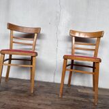 Pair of chairs in light wood and vintage red fabric 1960