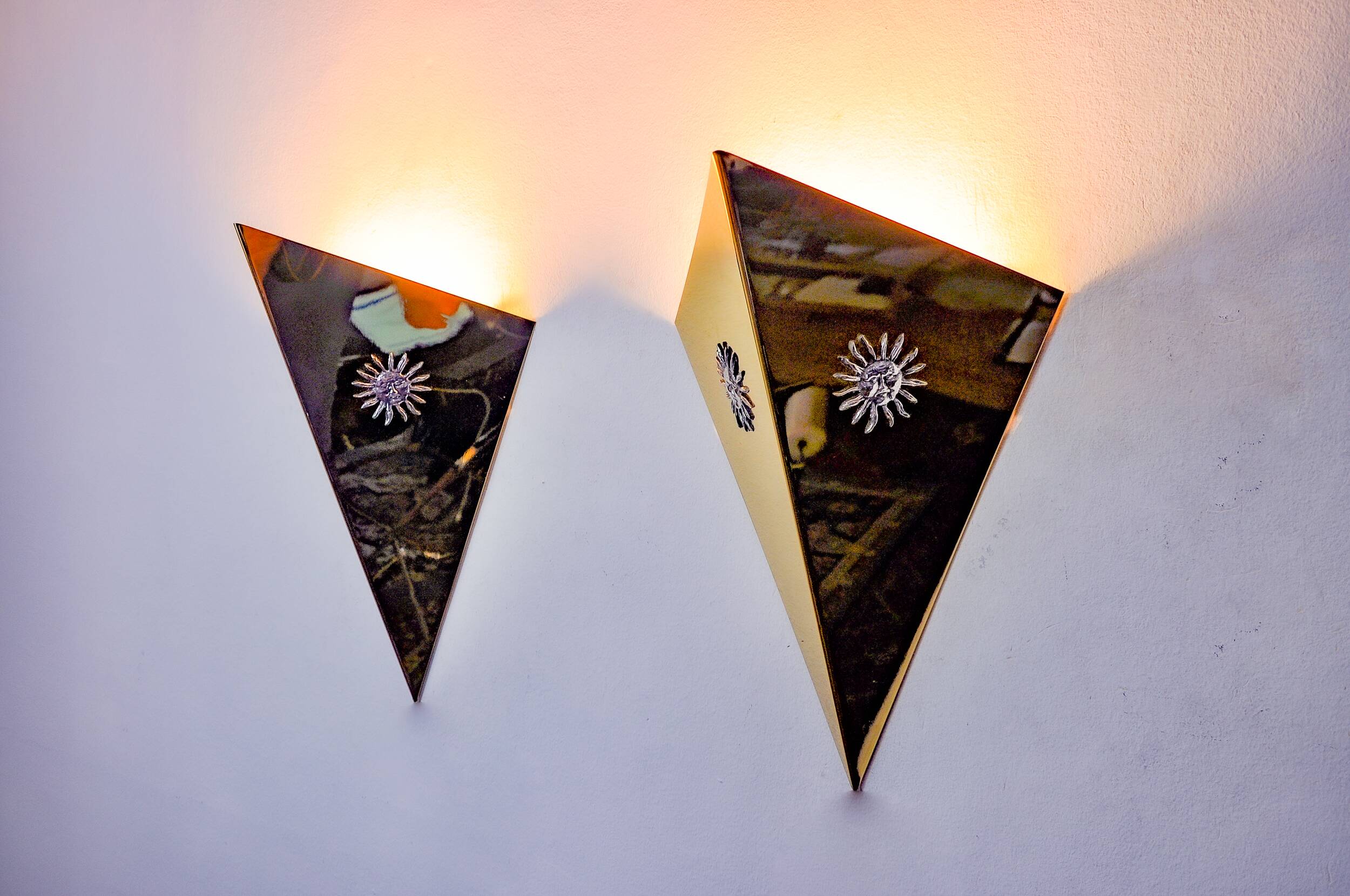 Pair of “Soleil” wall lights by Italo Valenti, brass and silver, Spain 1970