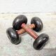 Pair of vintage cast iron and wood dumbbells