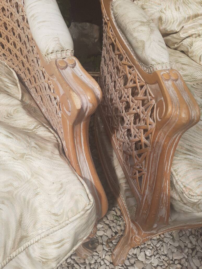 Louis XV style living room sofa and 2 armchairs - canework and carved wood