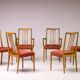 Set of six carved walnut dining chairs, Italy, 1955