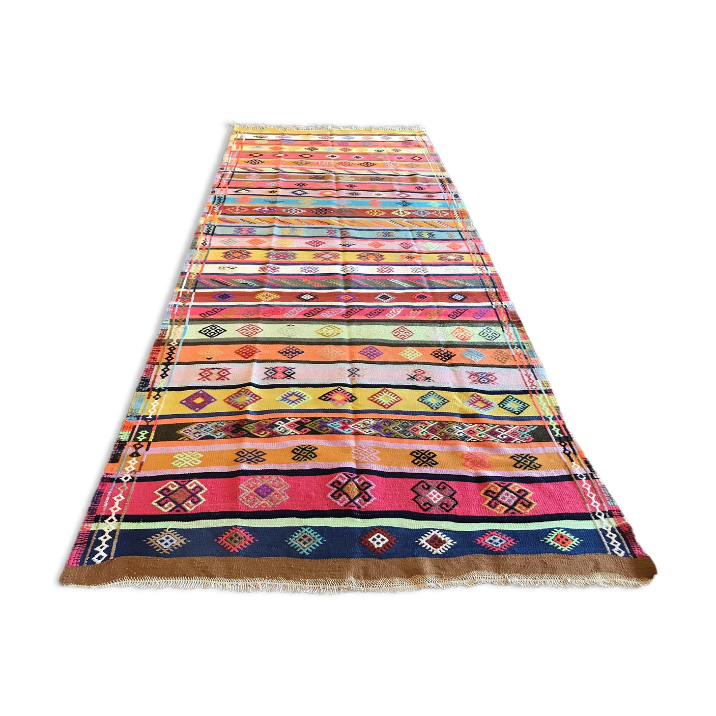 Colorful runner rug, handmade turkish kilim rug with ethnic patterns