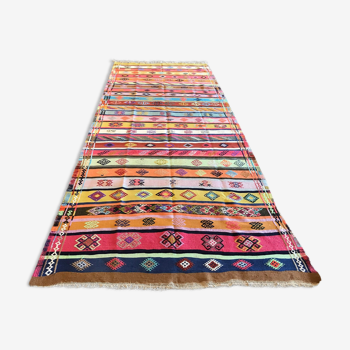 Colorful runner rug, handmade turkish kilim rug with ethnic patterns
