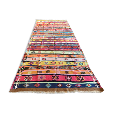Colorful runner rug, handmade turkish kilim rug with ethnic patterns