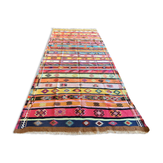 Colorful runner rug, handmade turkish kilim rug with ethnic patterns