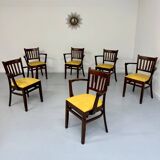 Lot de 6 chaises bistrot fauteuils en bois et simili jaune vintage année 80