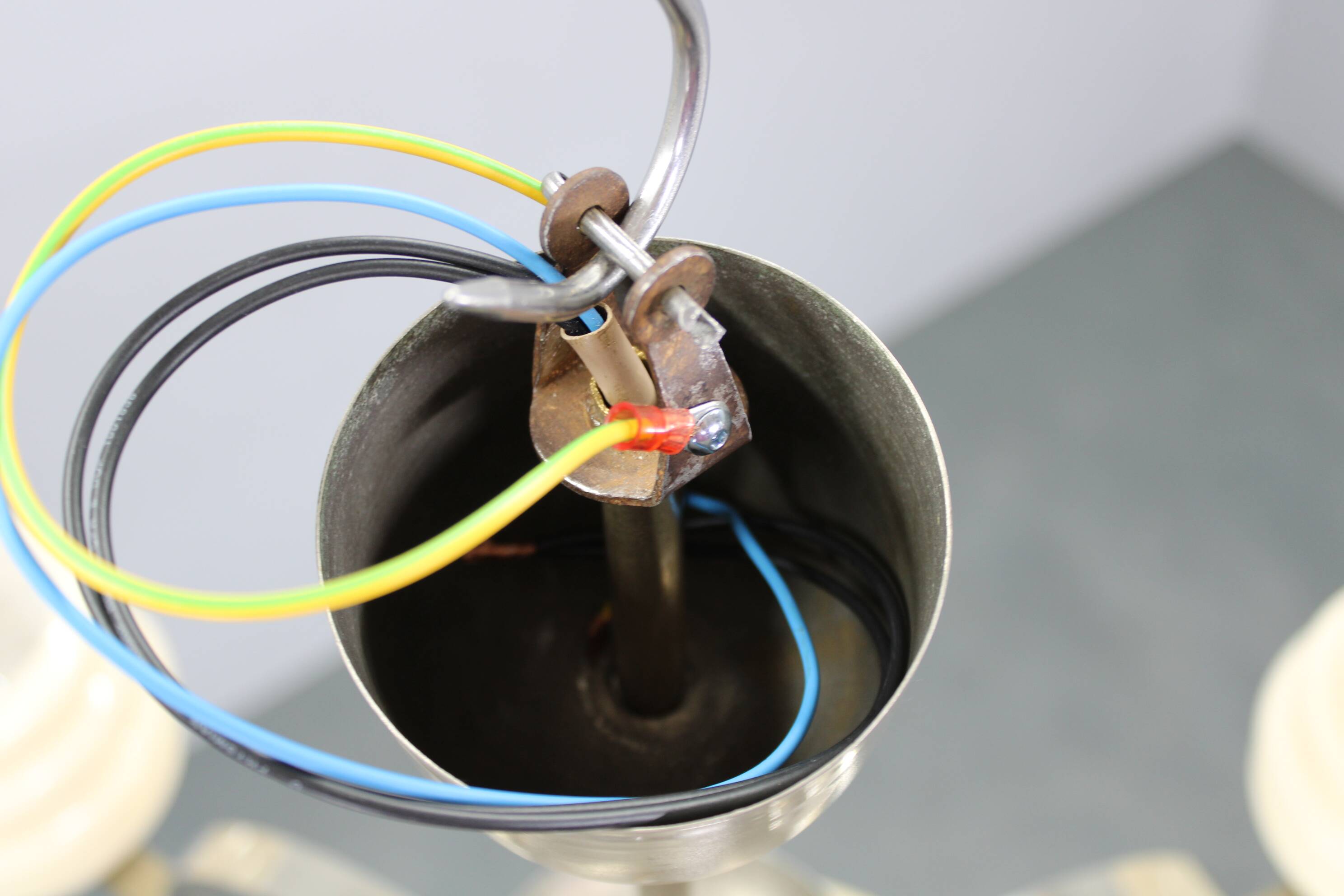 1930s Art Deco nickel and cream glass chandelier