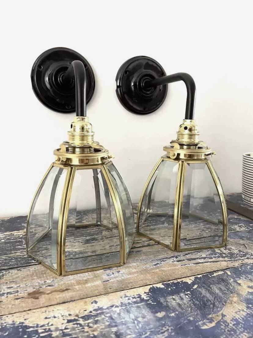Pair of brass and glass wall lights