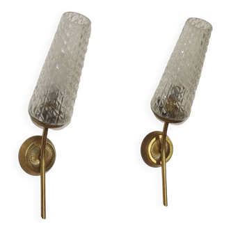 French Retro 1960s Single Wall Light In Gold Metal Clear Pattern Shade 5416