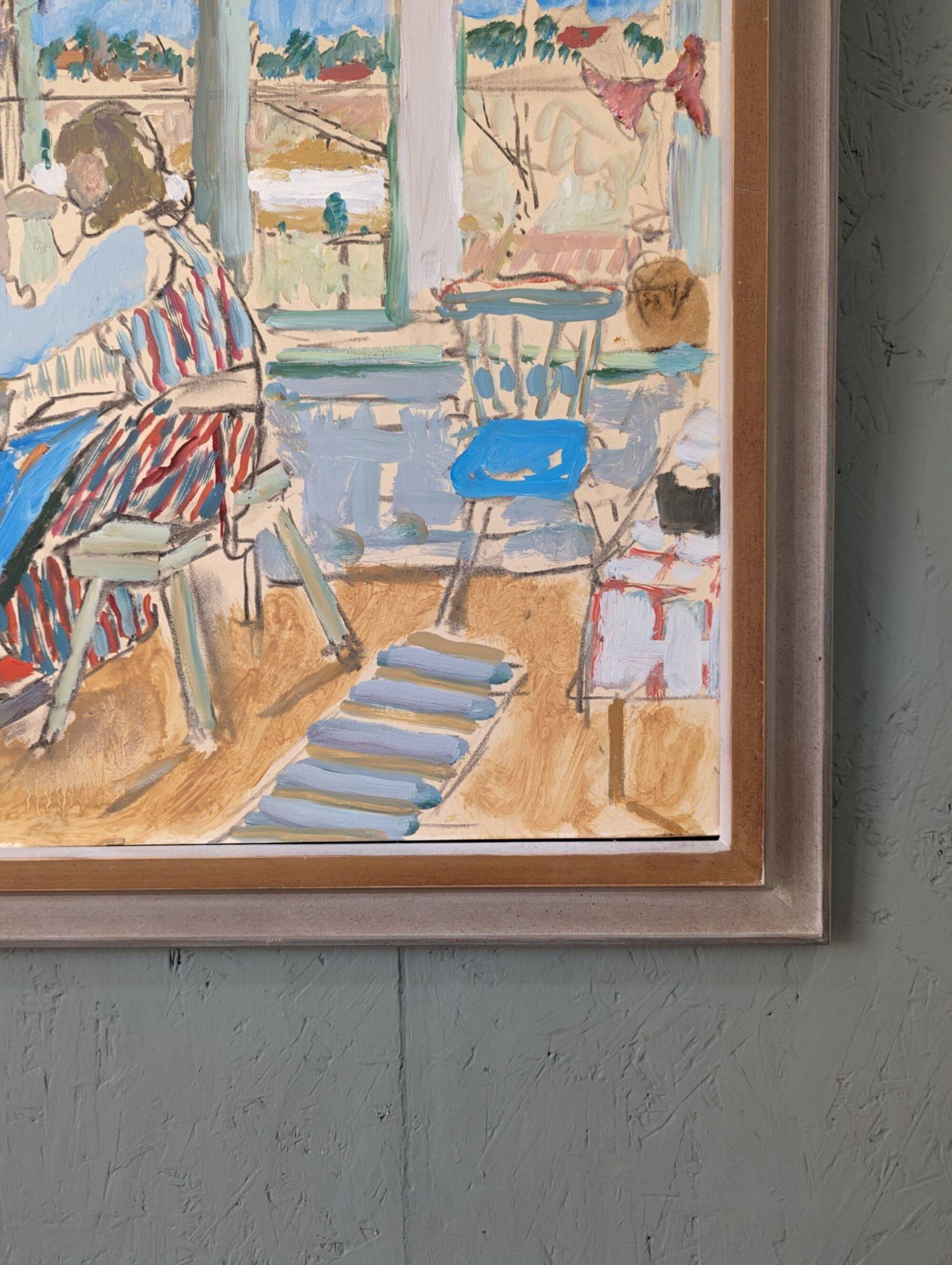 Mid-Century Modern "The Loom" Vintage Swedish Oil Painting, Figure in an Interior