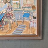 Peinture à l’huile suédoise vintage « The Loom » du milieu du siècle, figure dans un intérieur