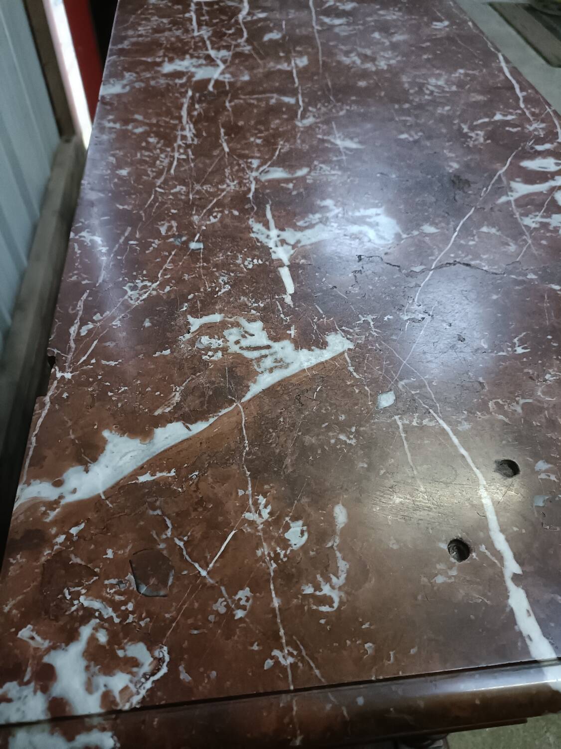 Solid walnut sideboard, Henri II style, Renaissance, with pink and white marble top