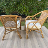 2 vintage armchairs in cannage and bamboo