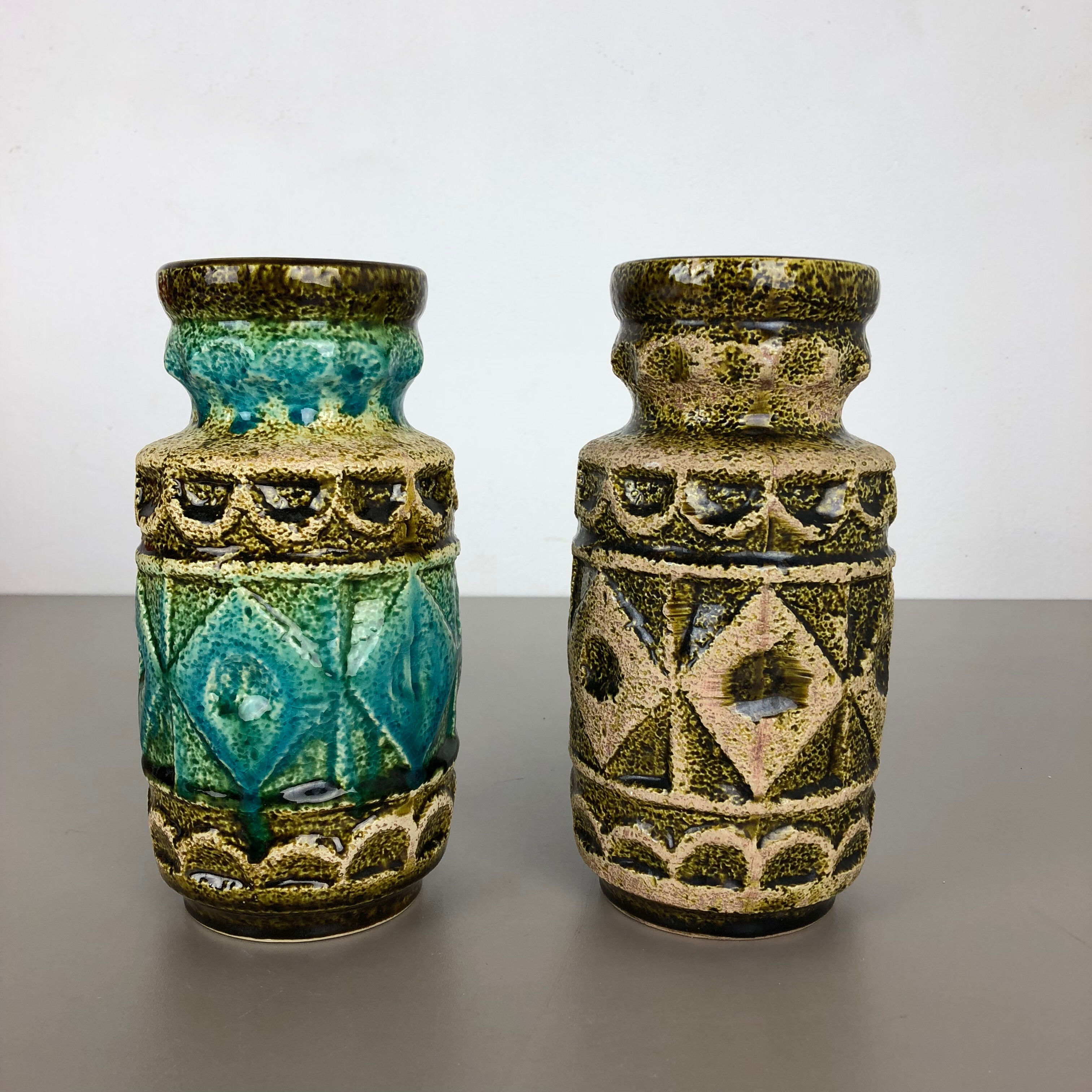 Set of 2 Multi-Color Op Art Pottery Floor Vase by Bay Ceramics, Germany, 1960s