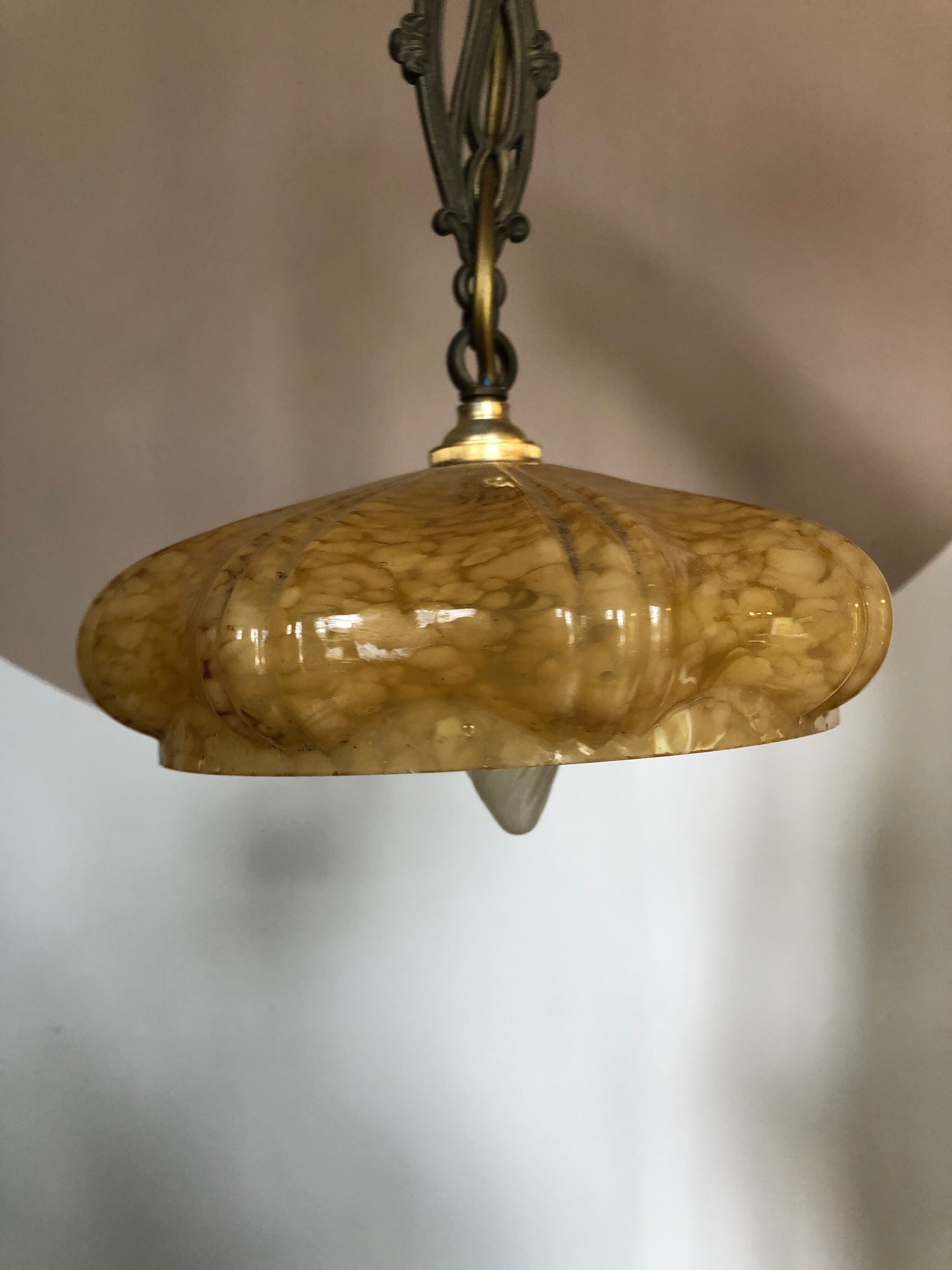 Orange ochre coloured antique glass hanging lamp