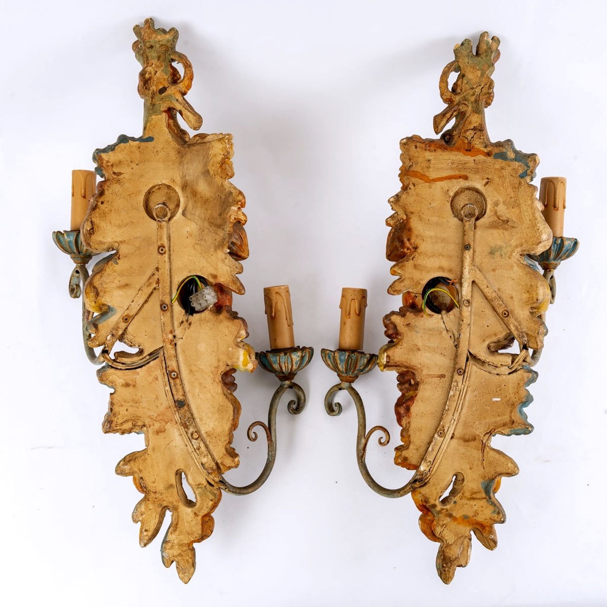 Pair of polychrome wood wall lamps - period : art nouveau - circa 1900
